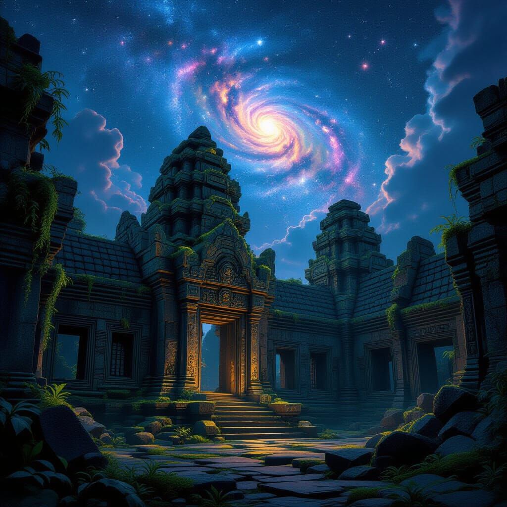 Ancient Temple Overgrown with Bioluminescent Flora and Nebul...