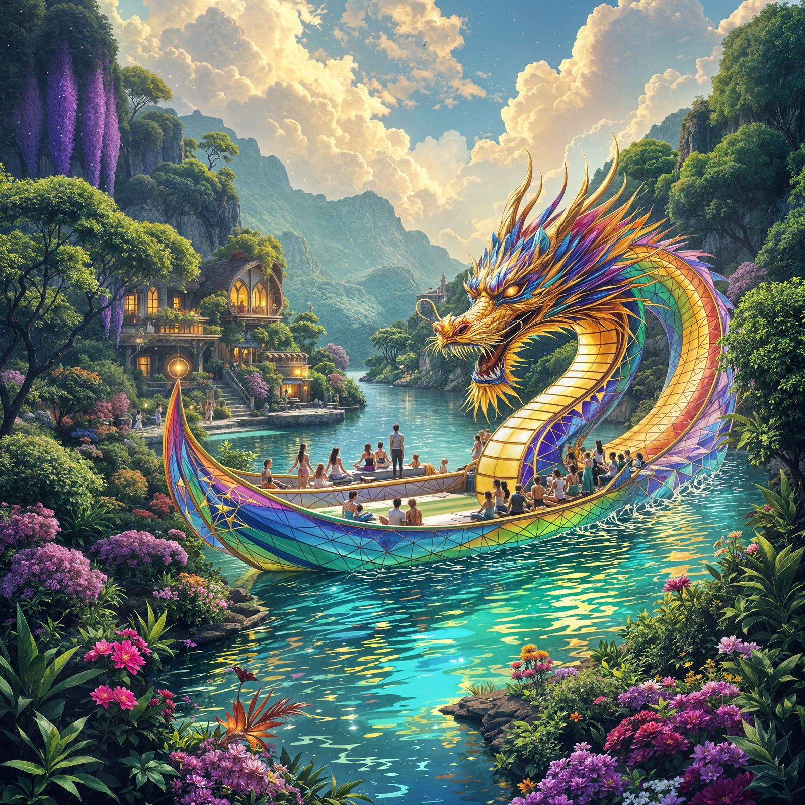 Mystical Rainbow Dragon Boat Sails Down an Iridescent River