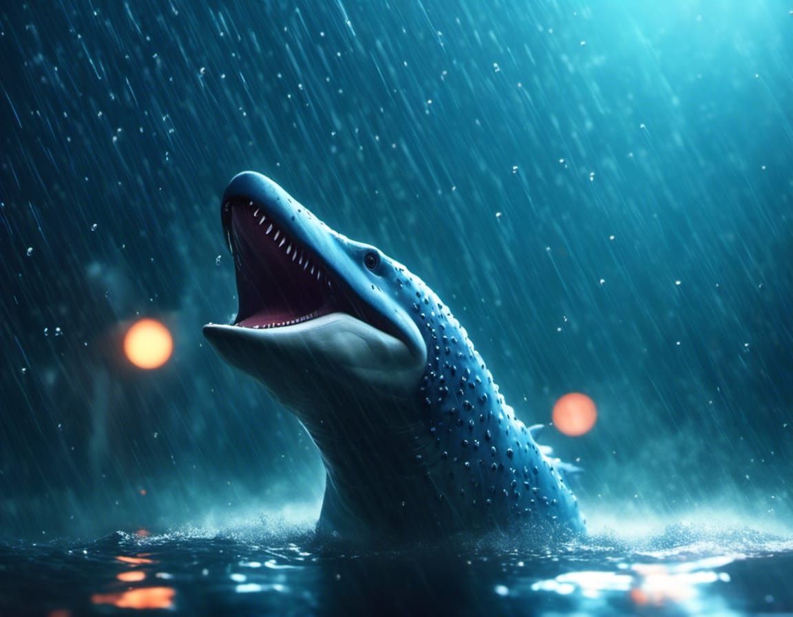 Godzilla Dolphin Underwater Rain, Dreamy Digital Art