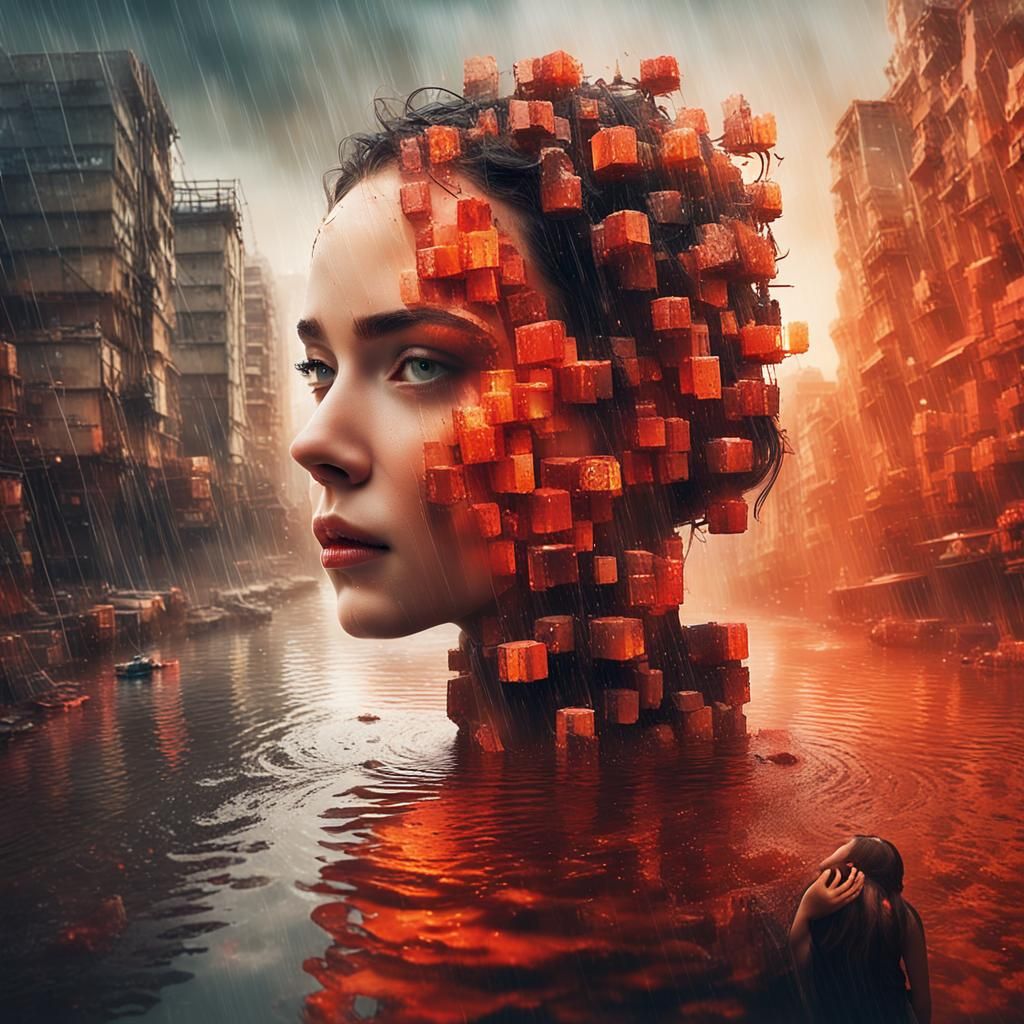 Surreal Hybrid: Robot Girl in Rain, Digital Art