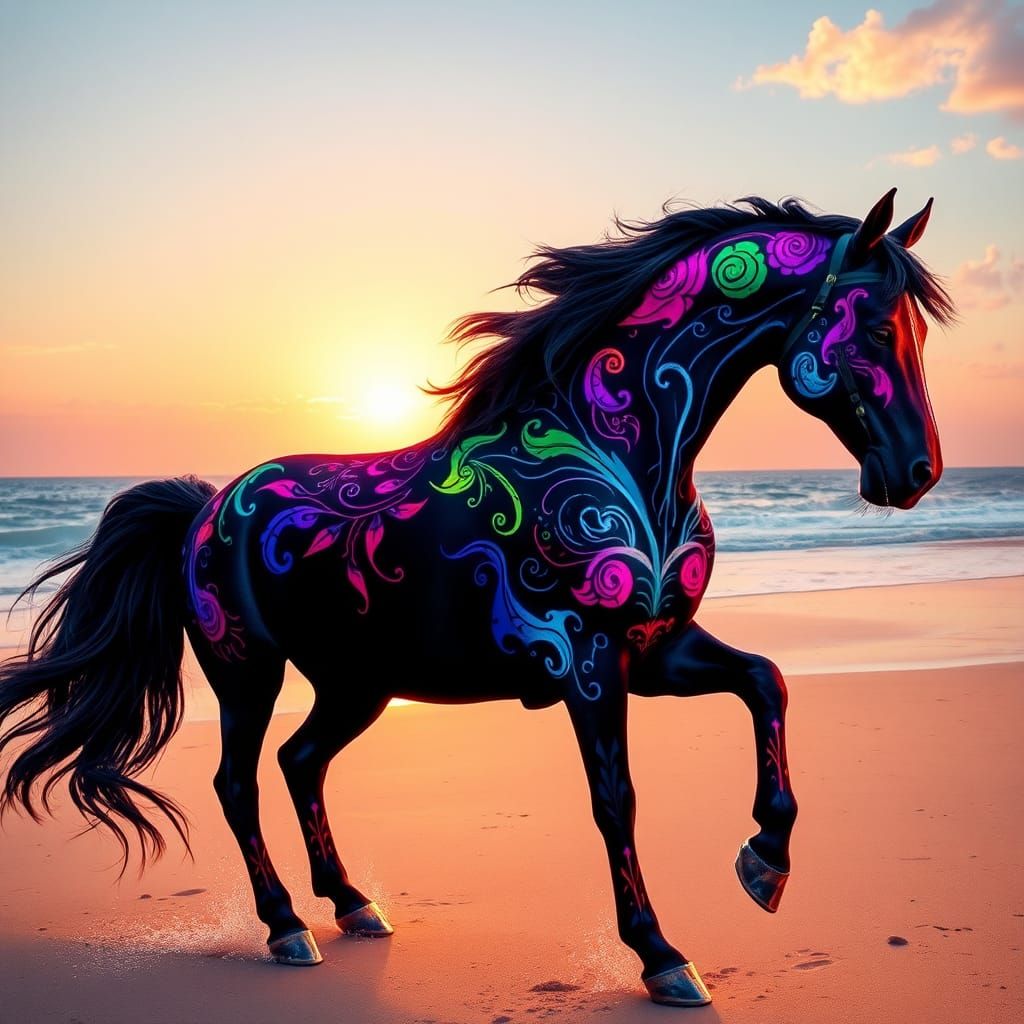 Neon Sugar Skull Horse on Beach, Cyberpunk Art