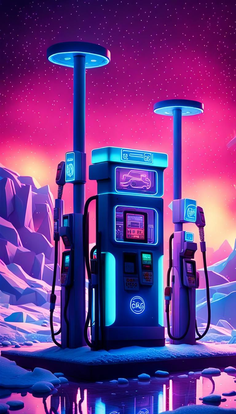 Icy Comet Gas Station in Neon-Noir Aesthetic