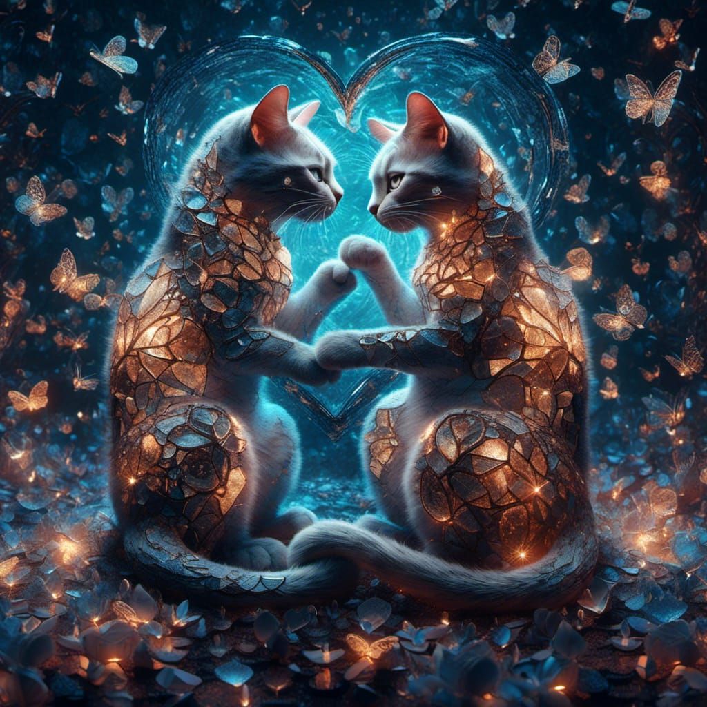 Cats Cuddled in Love: Cracked Glass Illustration