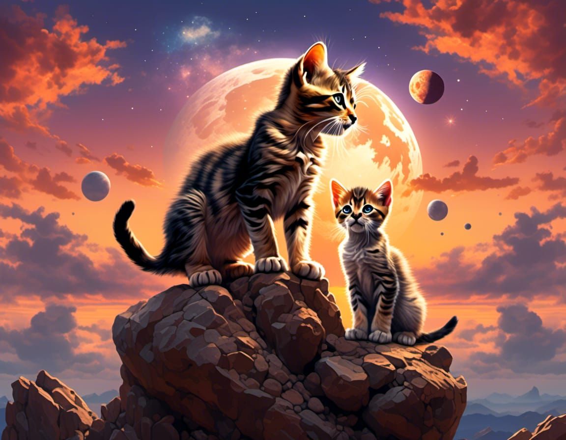 Sabertooth Kitten on Rock at Sunset with Moons