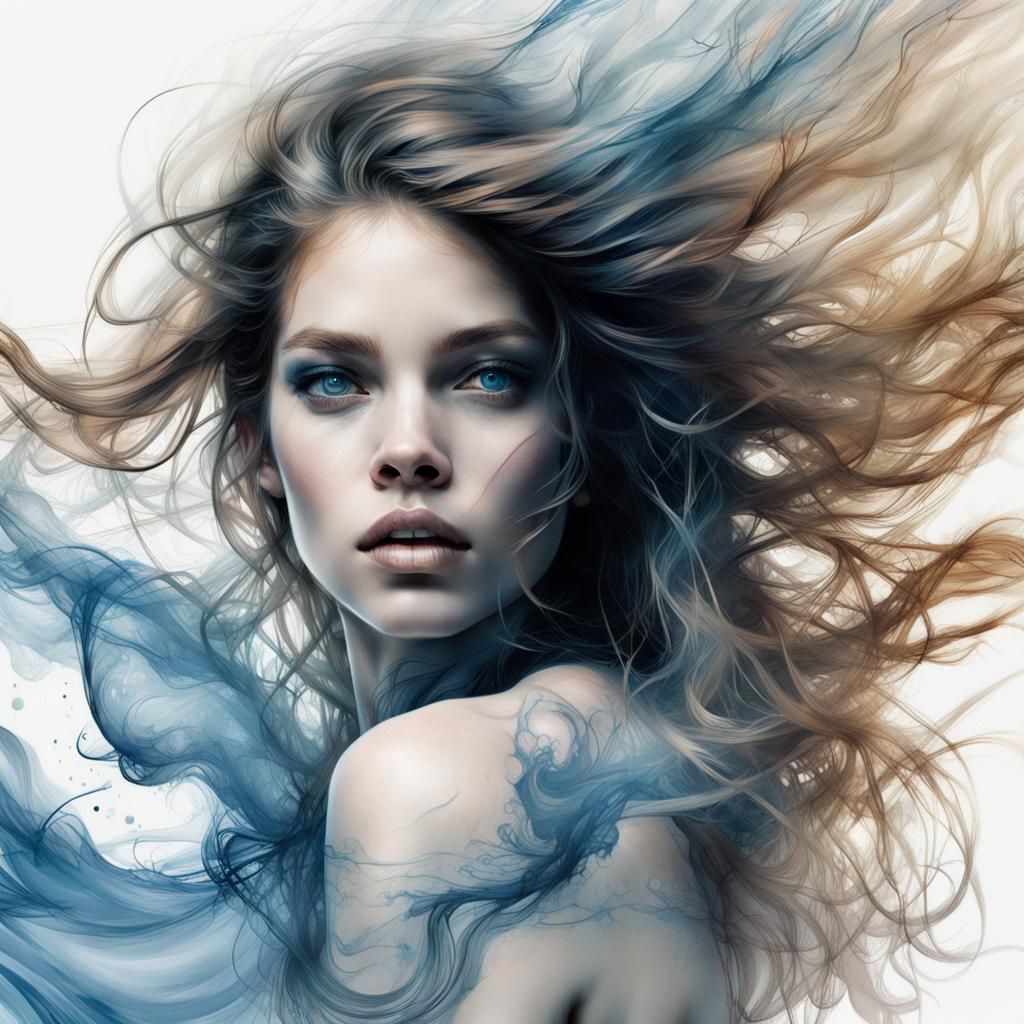 Ethereal Girl Dissolving into Blue Smoke: Digital Art