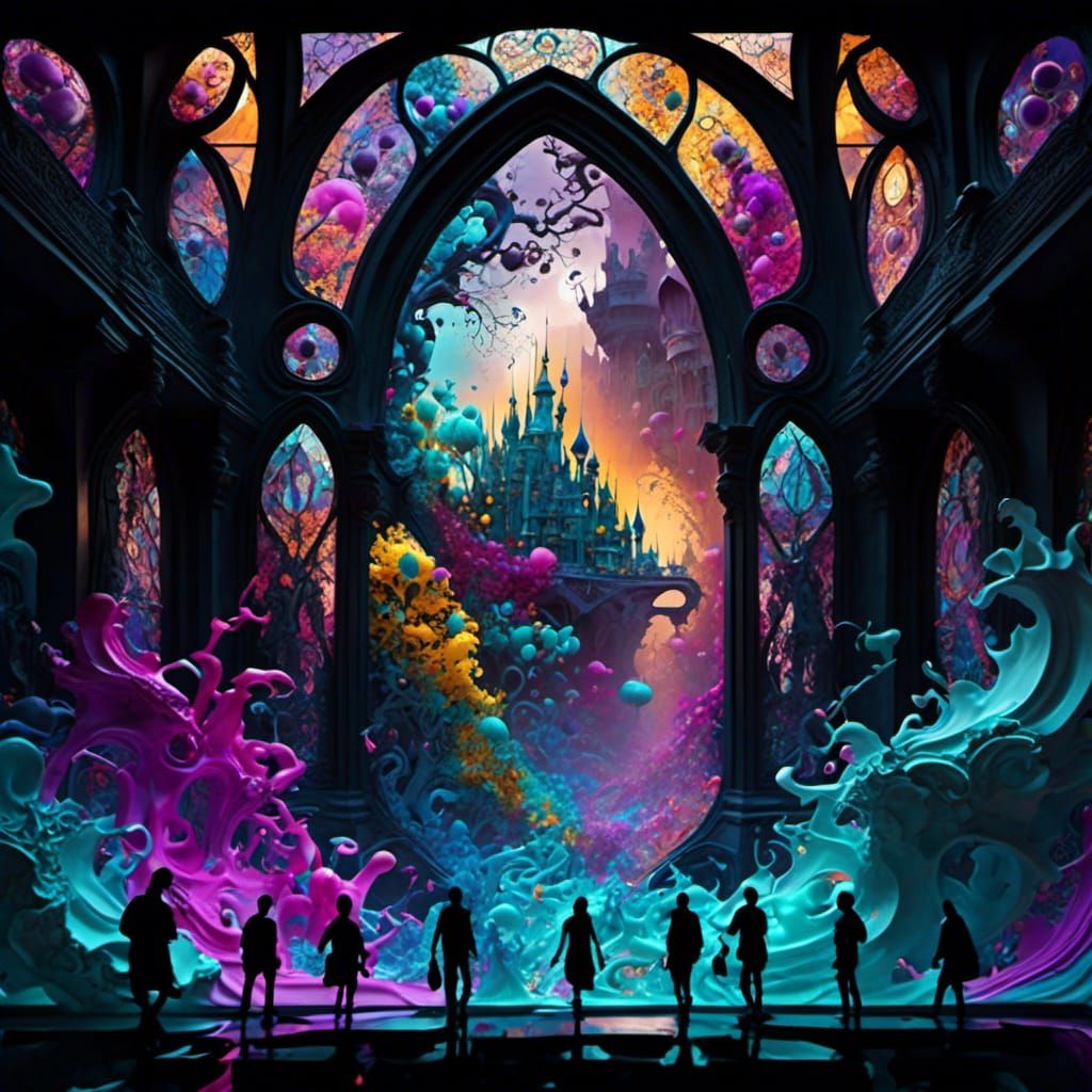 Surreal Stained Glass Window with Passing Ghosts