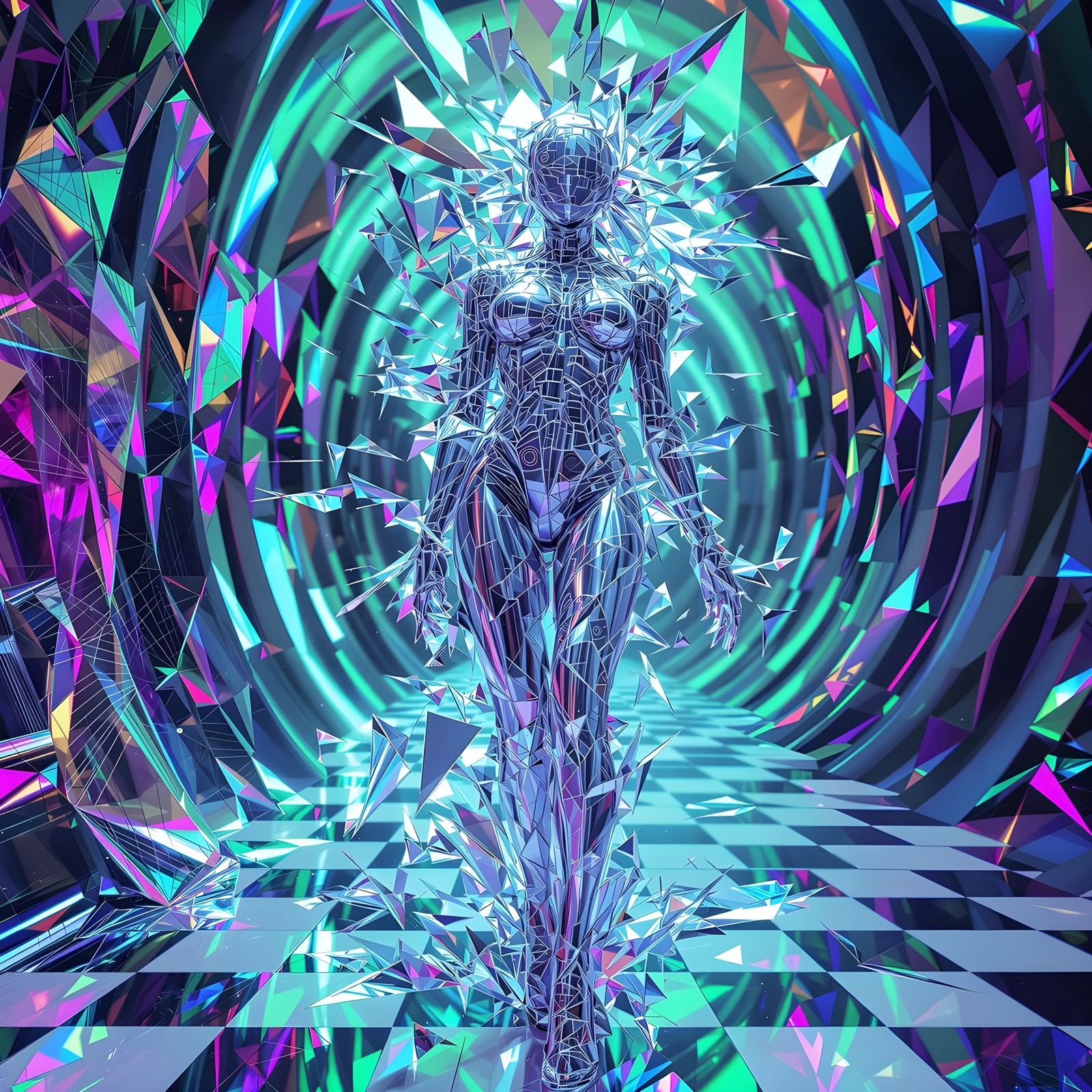 Cyberpunk Goddess Fractures into Chrome and Glass