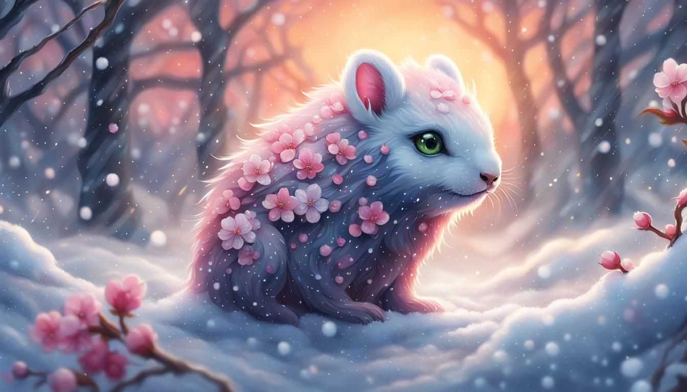 Cute Cherryblossom Creature in Snowy Sunset: Detailed Oil Pa...