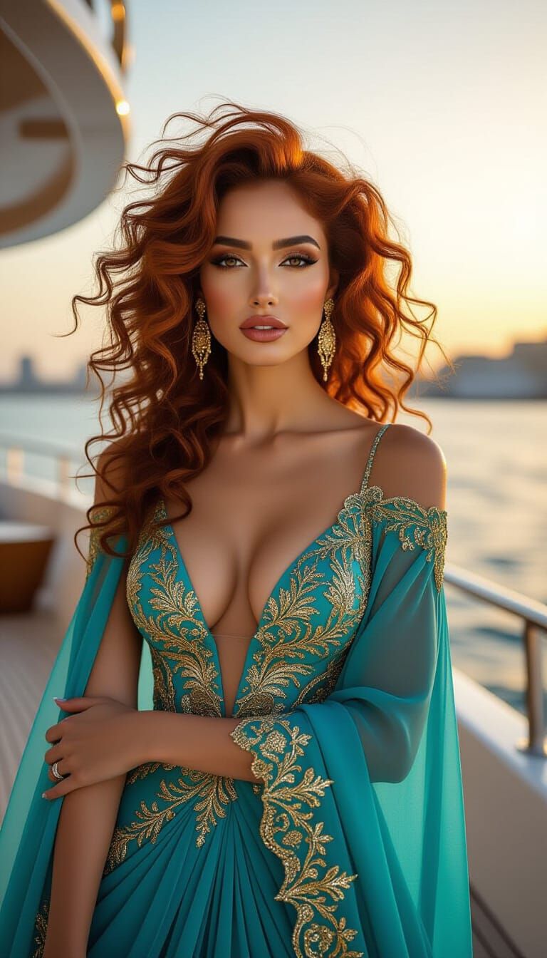 Arab Woman in Haute Couture on Yacht at Sunset