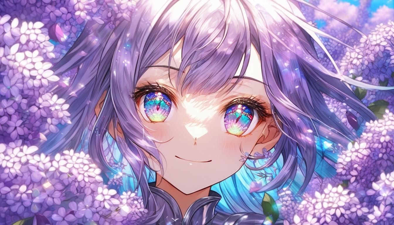 Iridescent Eyes: Anime Girl Surrounded by Lilacs