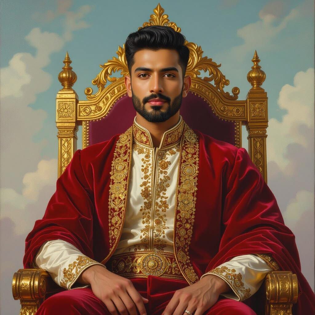 Indian King in Velvet Robe on Golden Throne