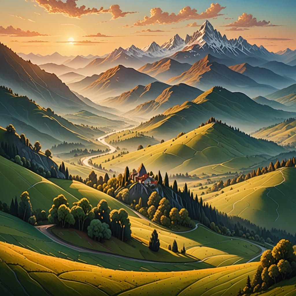 Surreal Landscape with Rolling Hills in Oil Paint