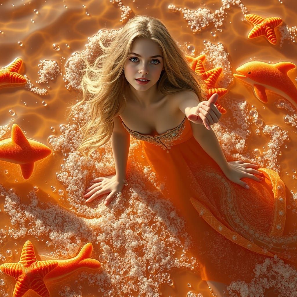 Woman Gliding Over Soda Sea in Dreamlike Style