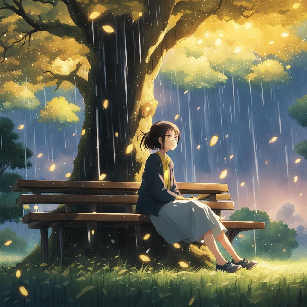 Anime Girl in Rain, Studio Ghibli Style