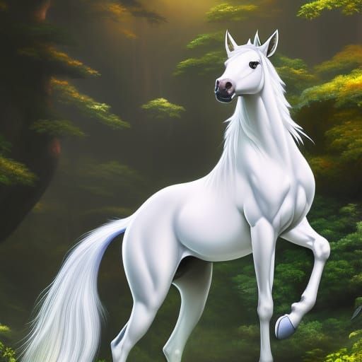 Elegant White Horse in Spring Woodland: Anime Style