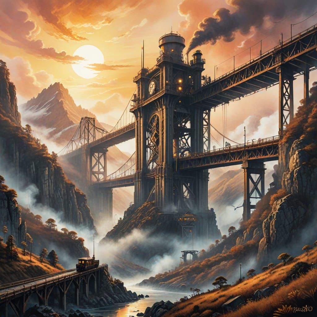 Steampunk Bridge with Fog: Watercolor and Ink Illustration