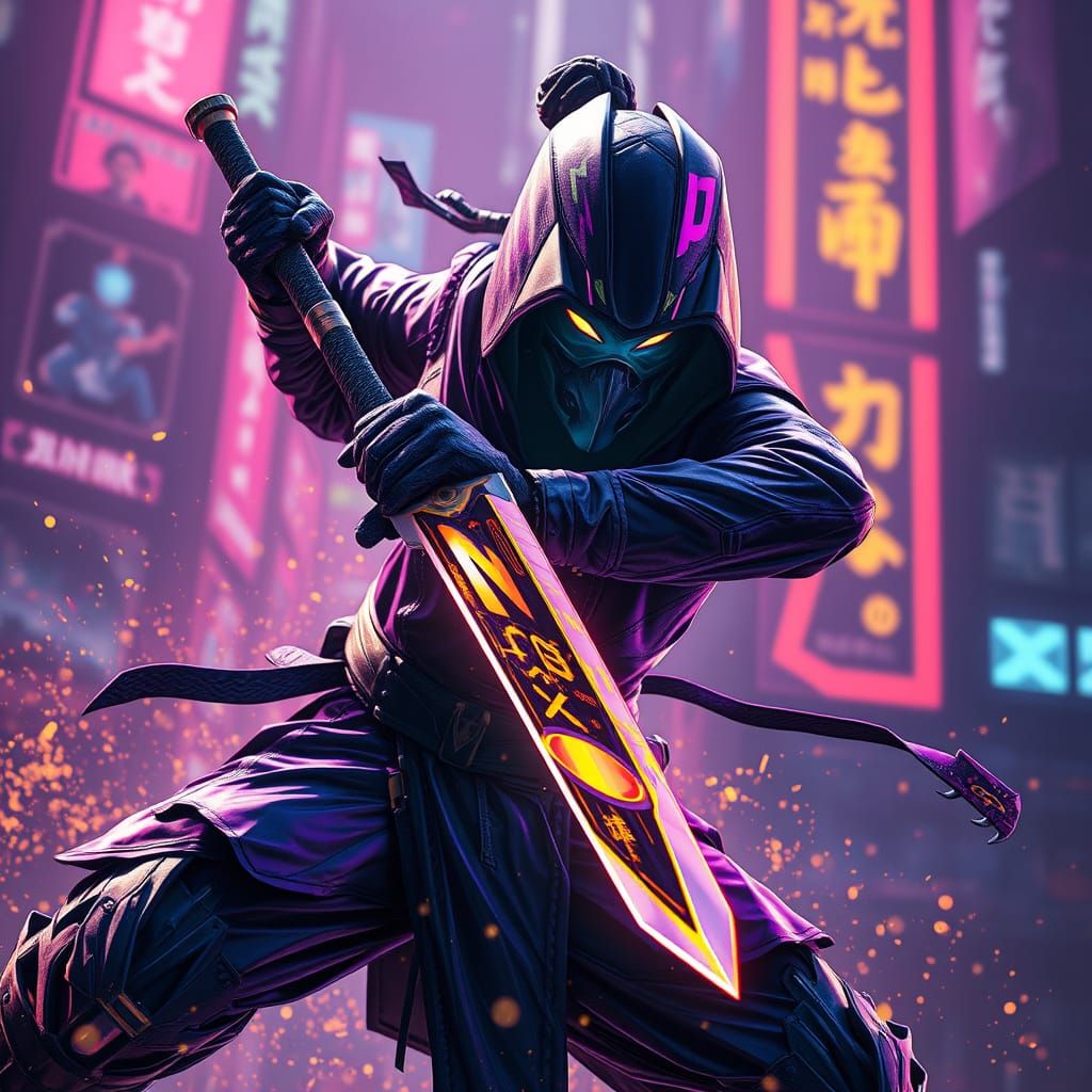 Cyberpunk Ninja in Action: A Digital Masterpiece