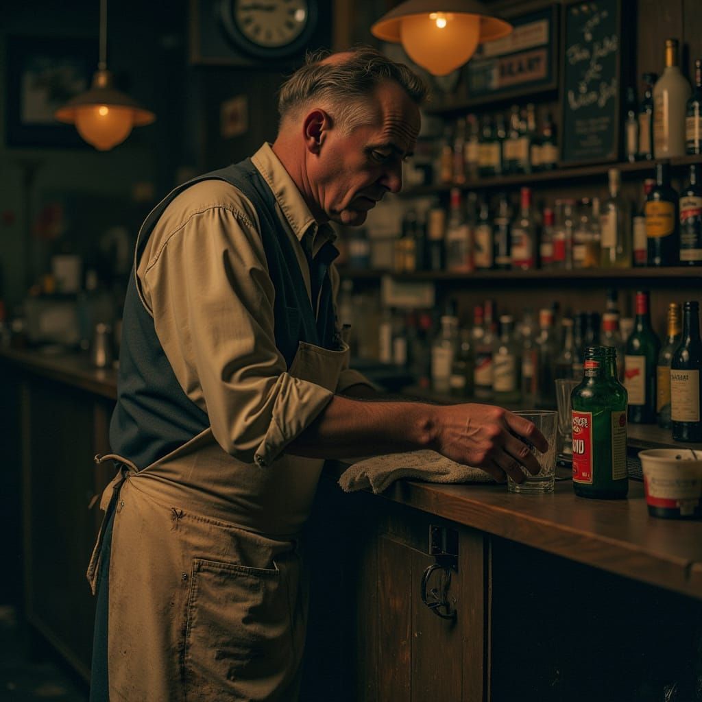 Weary Bartender in 1940s Dive Bar Film Noir