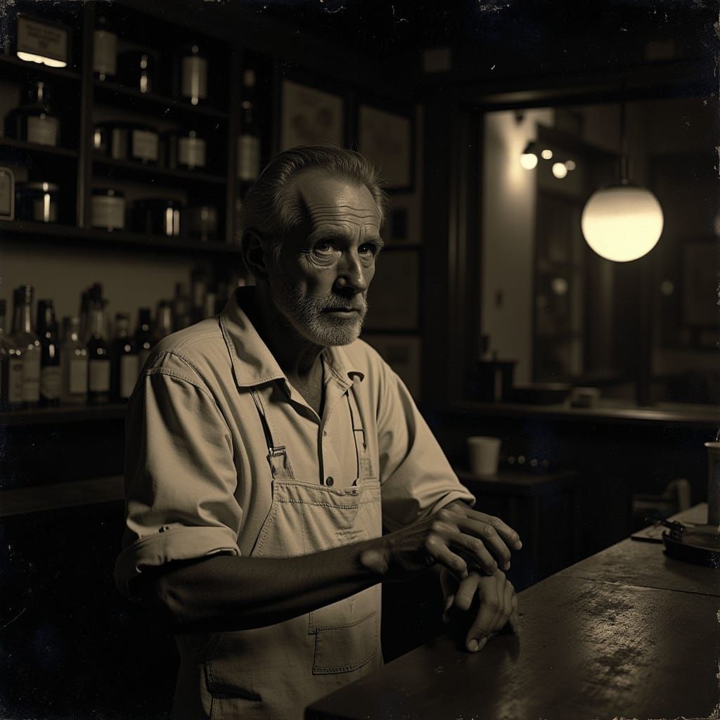 Worn Bartender in a 1940s Dive Bar