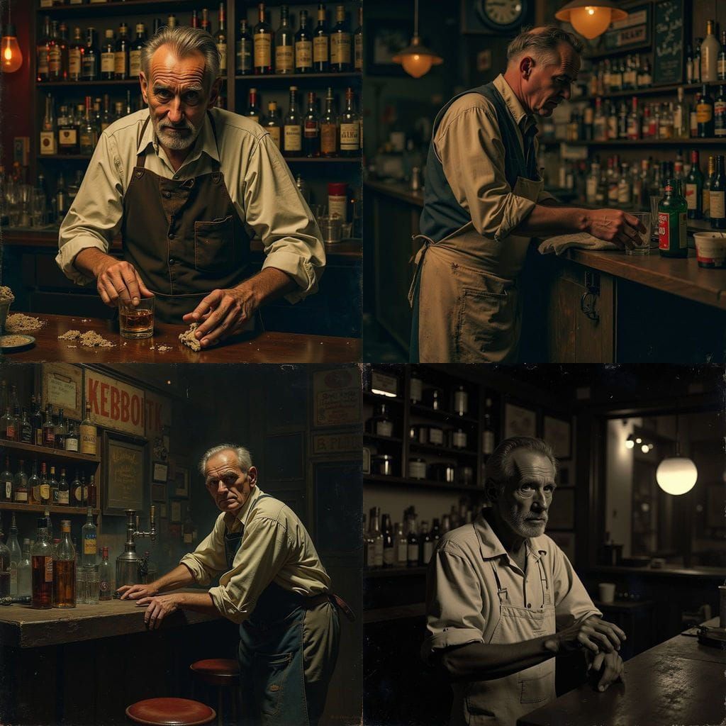 A Grizzled Bartender in a 1940s Film Noir Dive