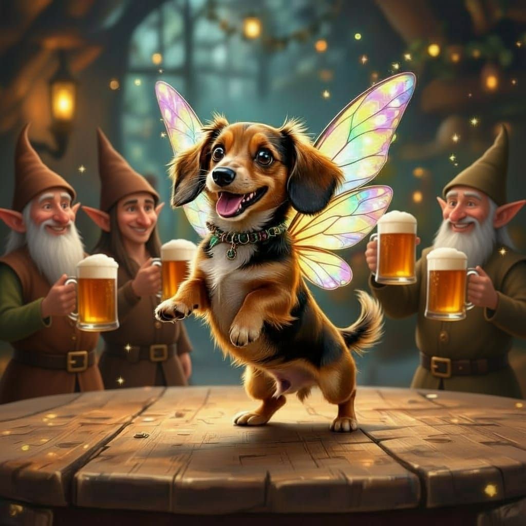 Dancing Dachshund with Fairy Wings and Laughing Elves