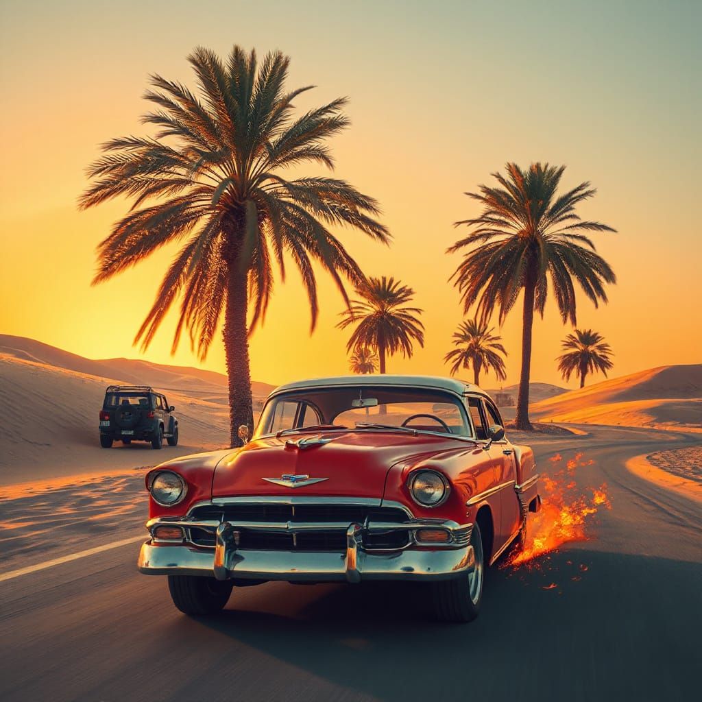 Desert Road Trip in Oil Painting Style
