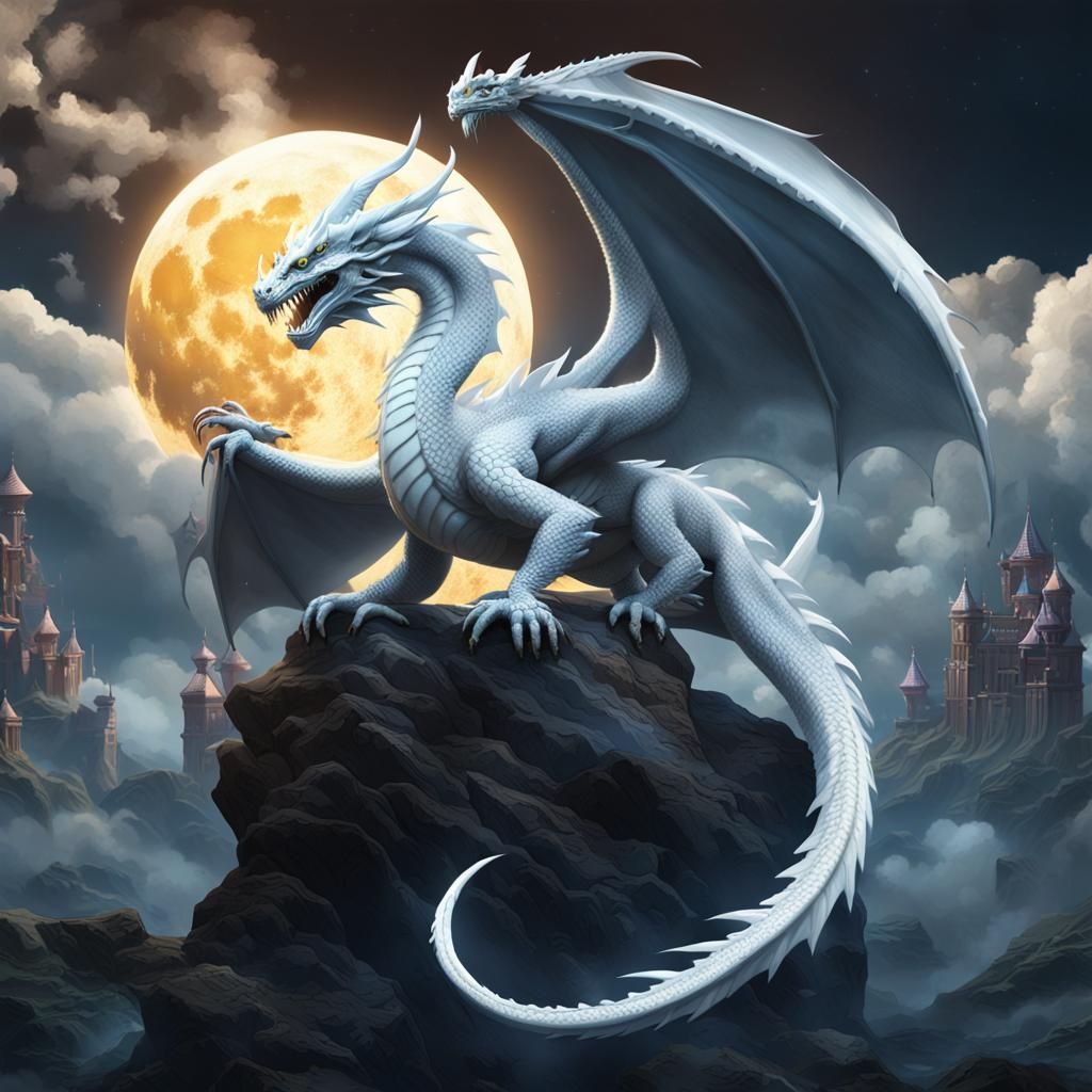 Majestic White Dragon Protecting Eggs, Fantasy Art
