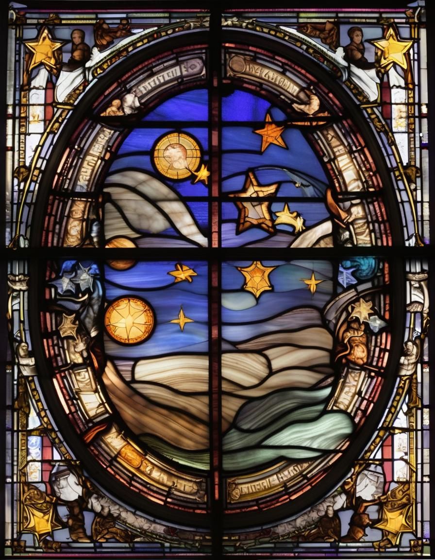 A stained glass window with a celestial theme