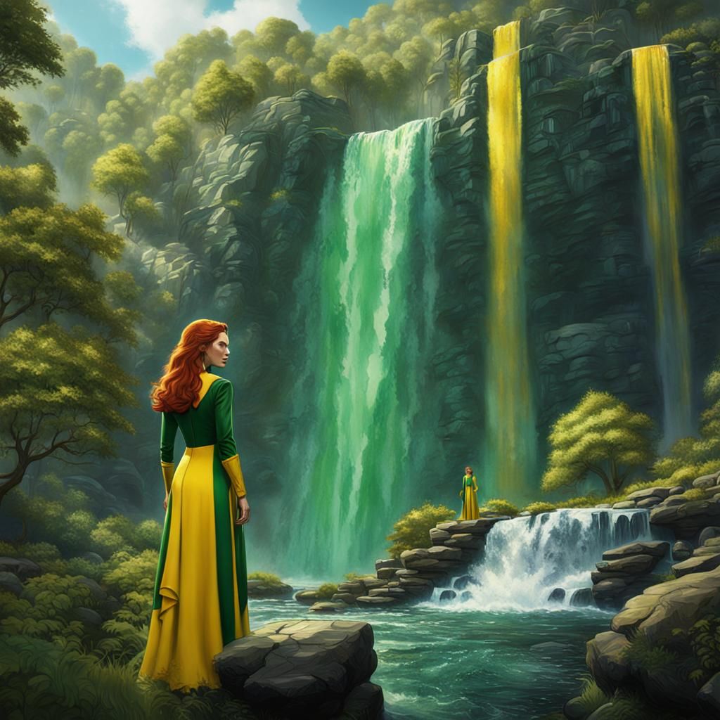 Jean Grey by Waterfall: Detailed Matte Painting