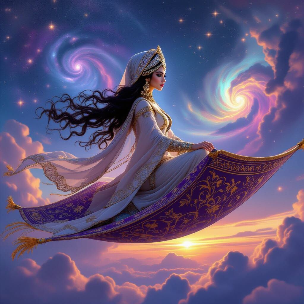 Arabian Woman Rides Magic Carpet Through Nebula Sky