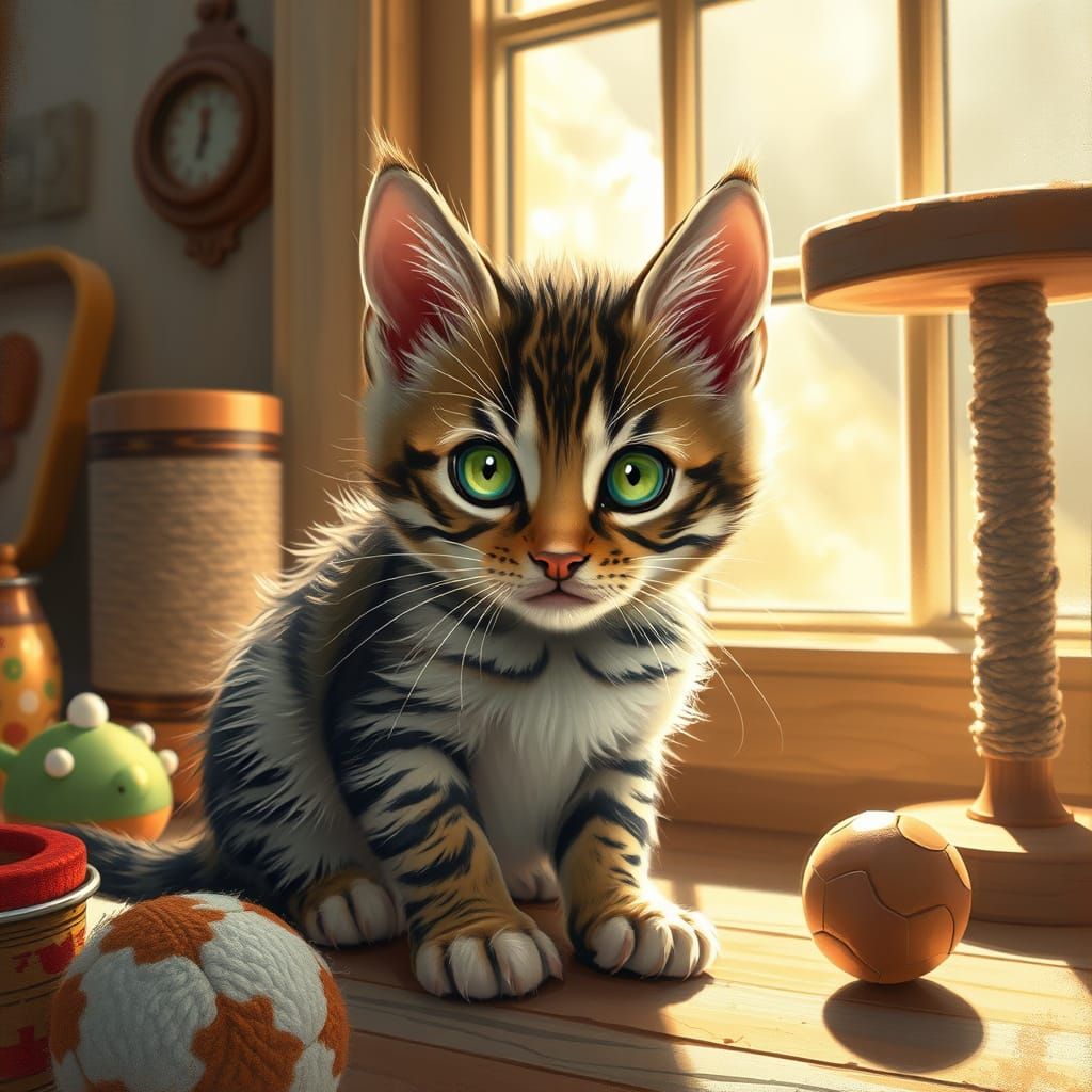 Whimsical Tabby Kitten in Cozy Sunbeam
