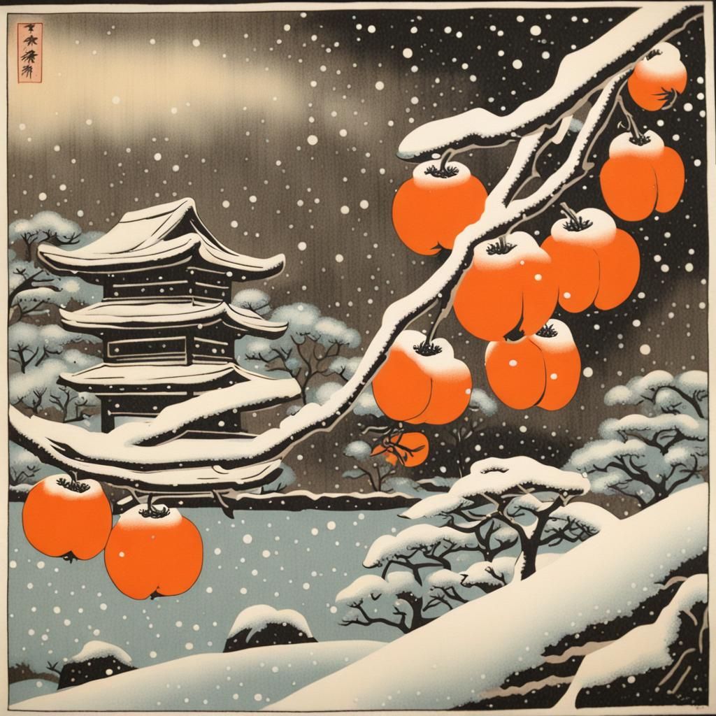 Winter Garden: Japanese Woodblock Print of Persimmons