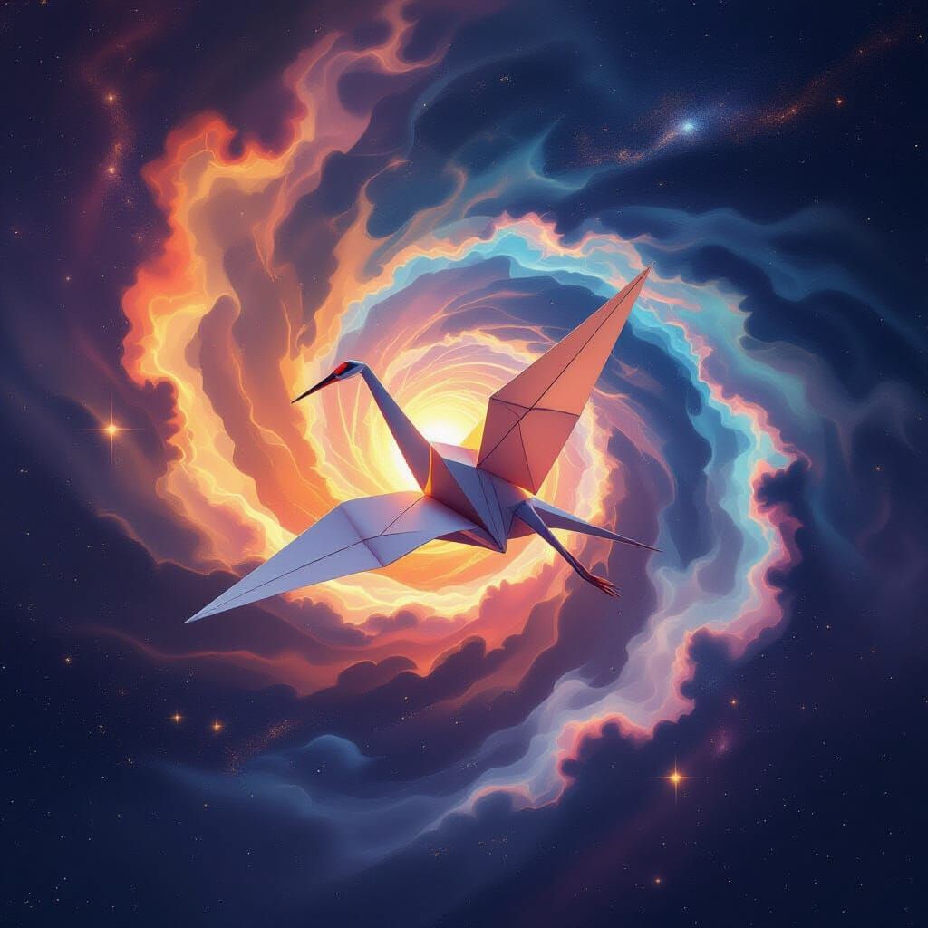 Origami Crane Soaring Through Cosmic Dust, Digital Art