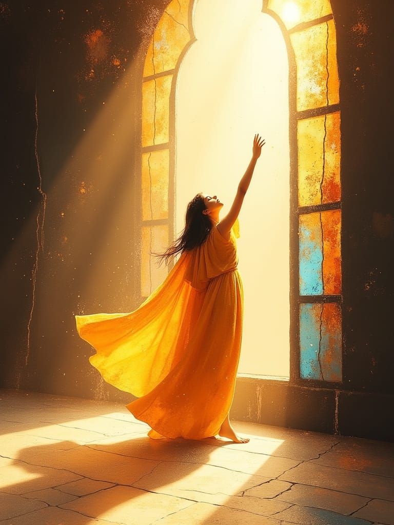Joyful Latina Woman in Sunlit Church Digital Painting