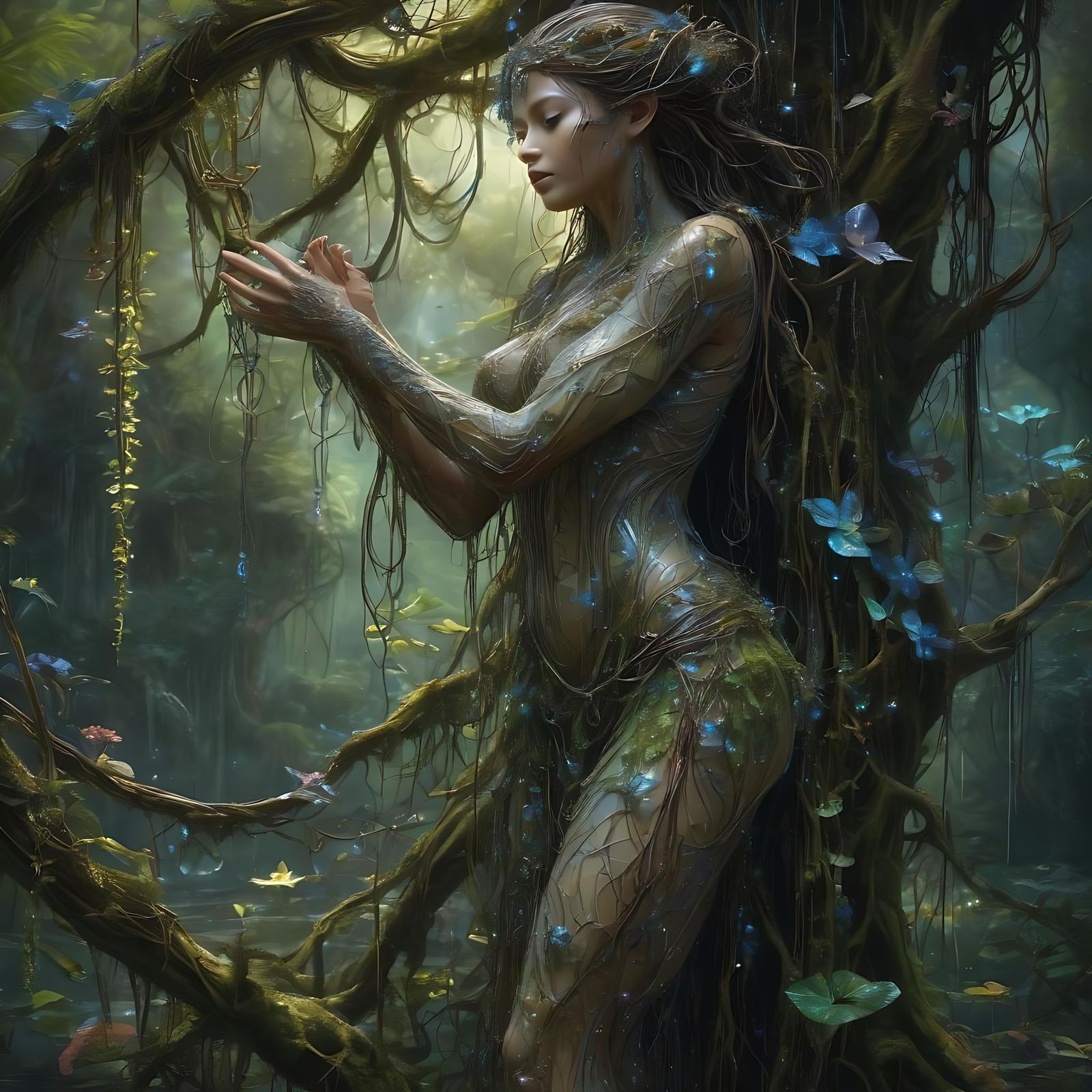 Bioluminescent Dryad in Magical Rainforest, Hyperrealistic S...