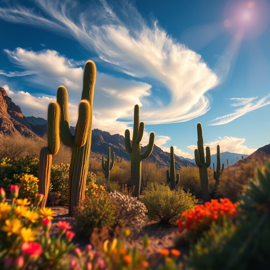 Surreal Desert Dreamscape with Majestic Cacti and Vibrant Fl...