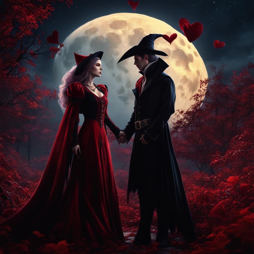 Fantasy Vampire and Witch in Love Under Moon