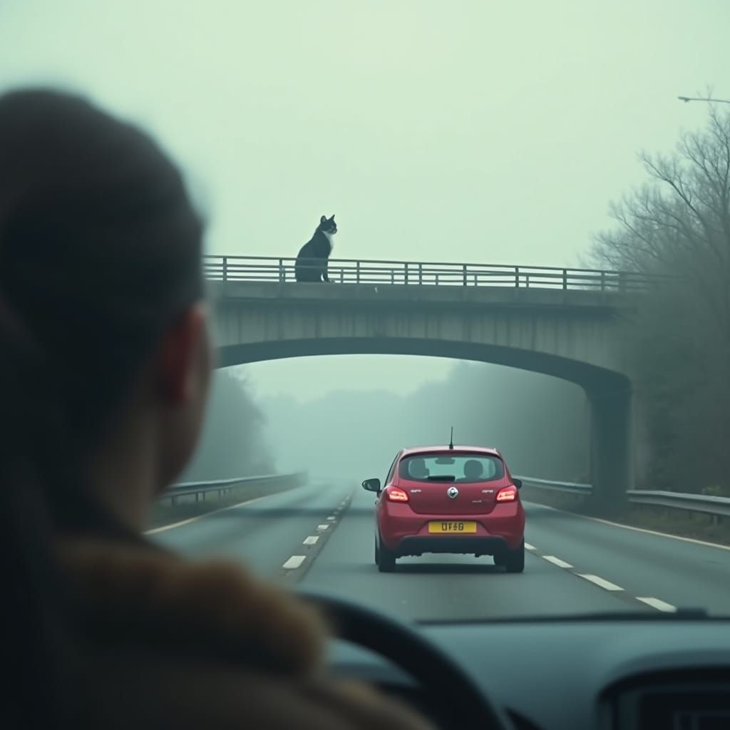 Woman Drives on M5 Motorway as Curious Cat Watches from Brid...