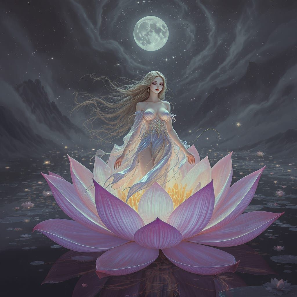 Ethereal Woman in Luminous Flower, Digital Art