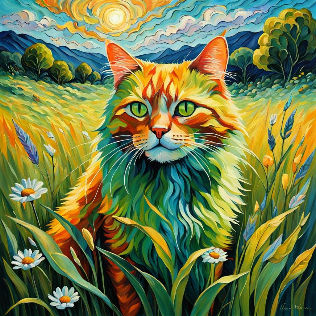 Serene Neo-Impressionist Cat in a Vibrant Landscape