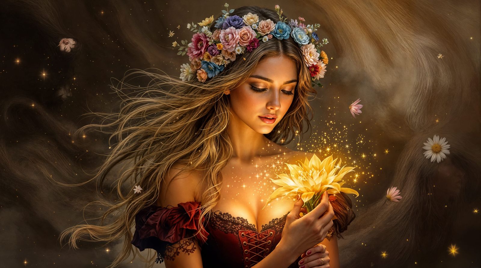 Enchanting Impressionist Portrait with Whimsical Floral Acce...