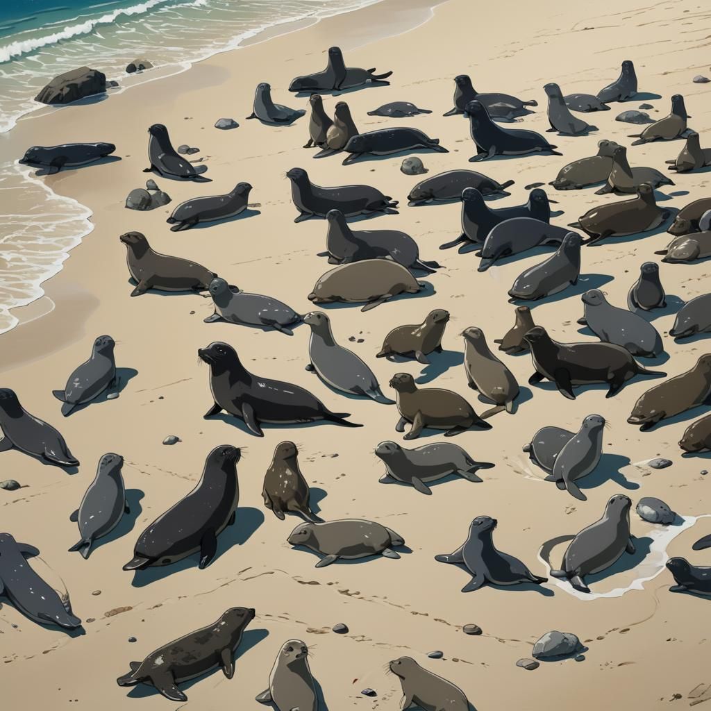 Seals on Beach in Anime Style