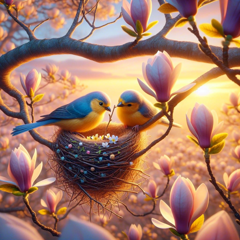 Canary Birds Nesting in Magnolia Tree at Sunset