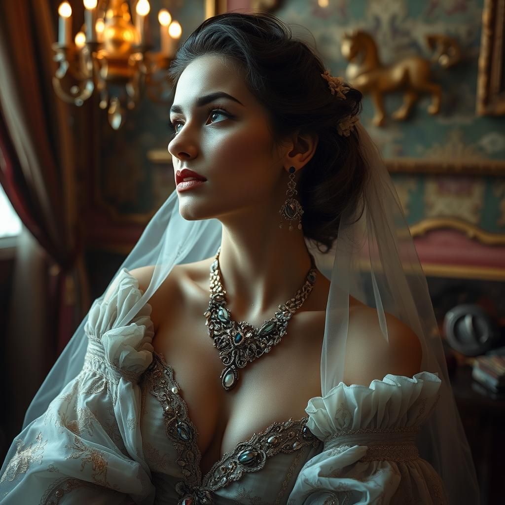 Ethereal Woman in Lavish Decor: A Surreal Portrait