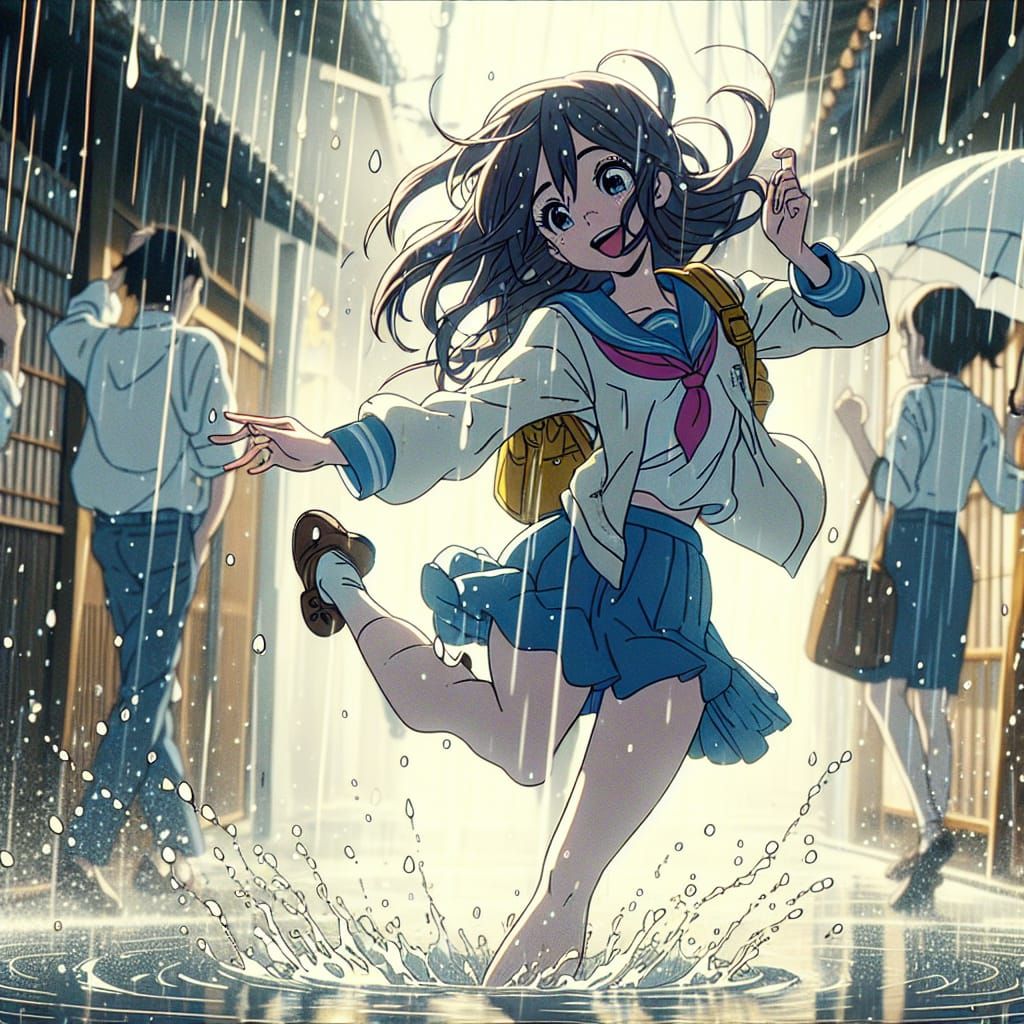Anime girl dancing in rain