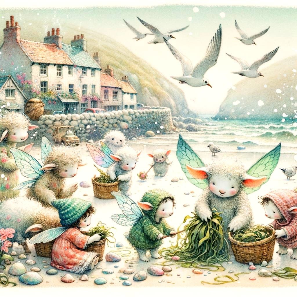 Enchanting Fantasy Creatures Gather Seaweed on a Whimsical B...