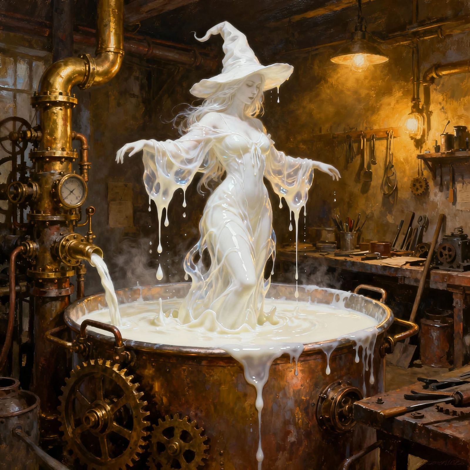 Milk Witch Figure Rises from Vat in Steampunk Room