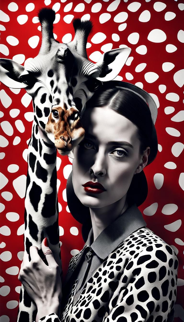 Surrealist Woman Holding Giraffe: Monochrome Fashion Portrai...