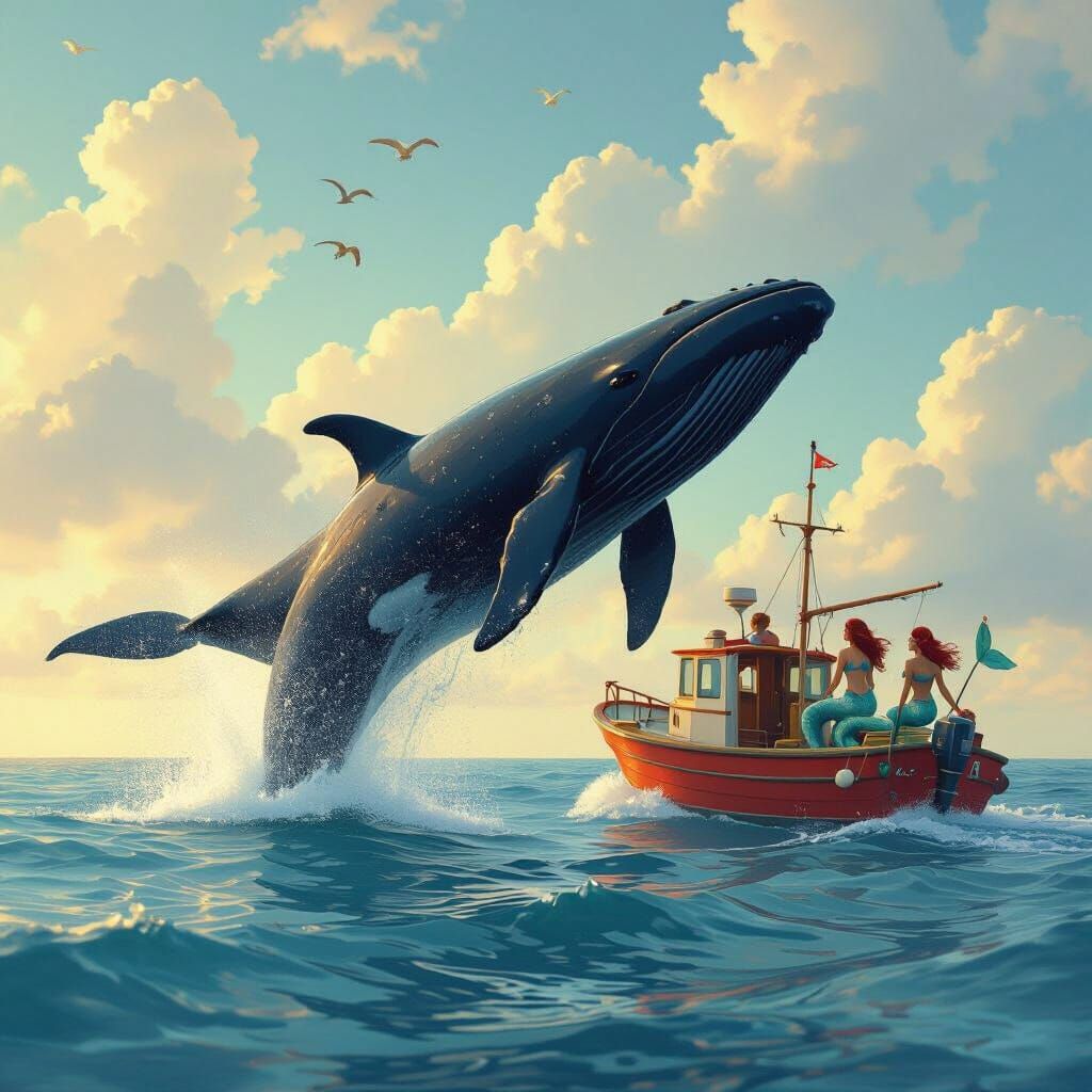 Whale Breaching Near Mermaid Boat in Fantastical Realism