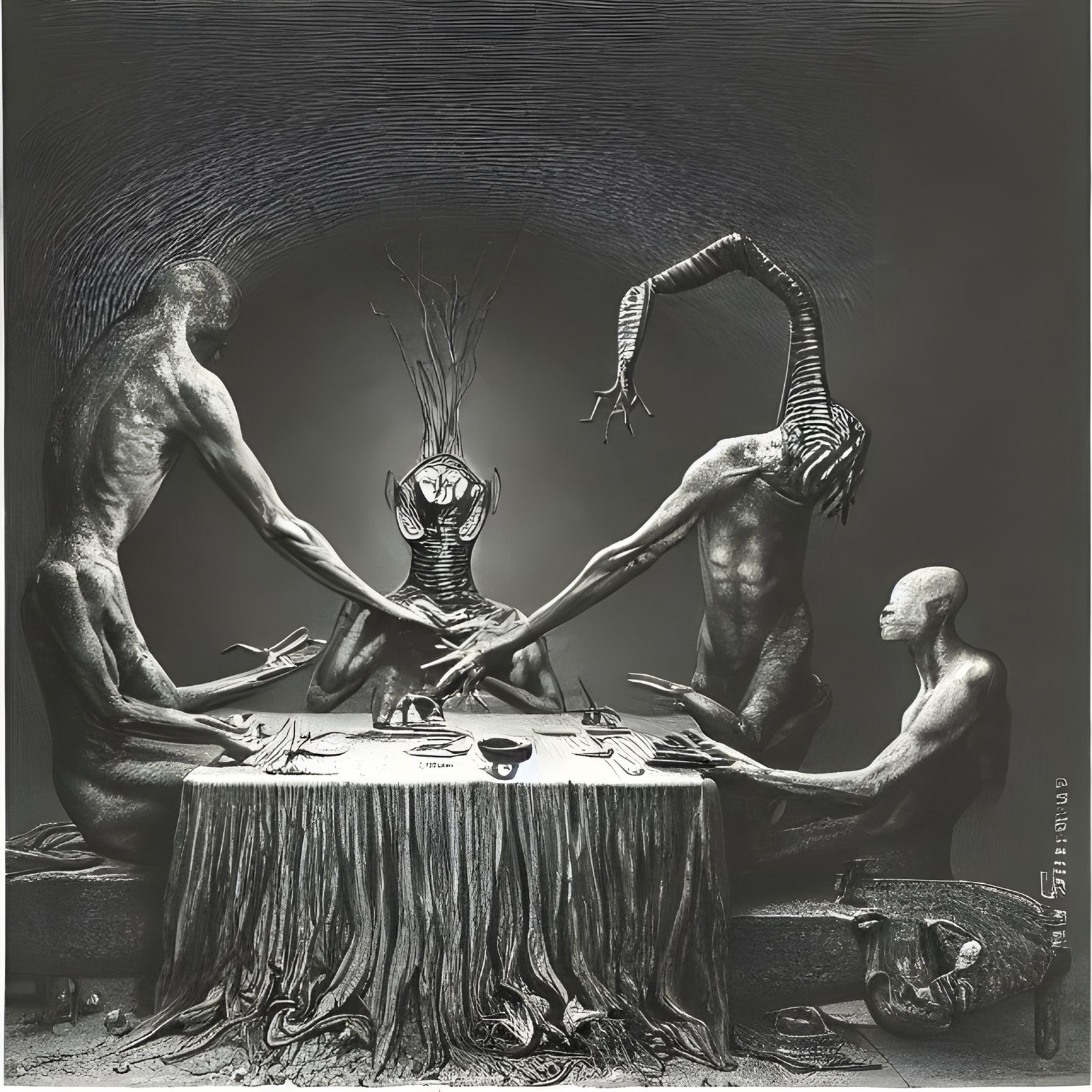 Surreal Gathering of Beings Around a Table